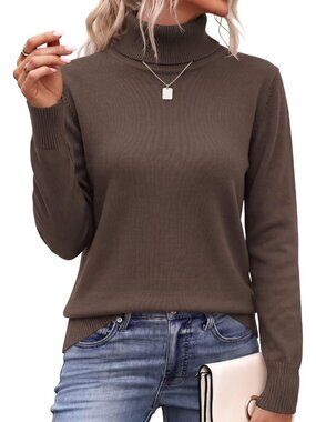 Women’s Brown Long Sleeve Spilt Hem Knit Pullover Tops Chunky Knit Sweater